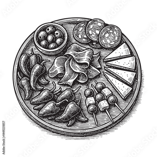 Spanish tapas platter woodcut engraving vector illustration