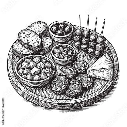 Spanish tapas platter woodcut engraving vector illustration