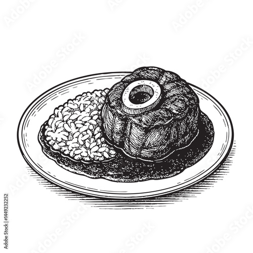 Italian ossobuco with risotto woodcut engraving vector illustration
