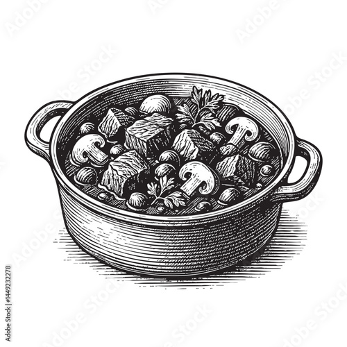French beef bourguignon woodcut engraving vector illustration