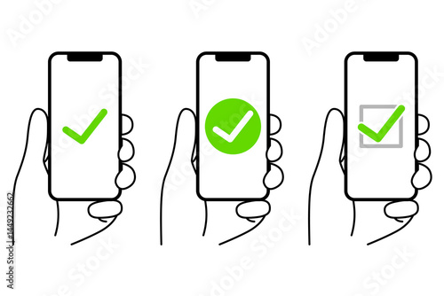 画面にチェックマークが表示されているスマートフォンを持つ手　セット