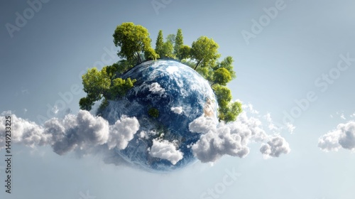 Fototapeta Naklejka Na Ścianę i Meble -  A miniature Earth with lush green trees and clouds