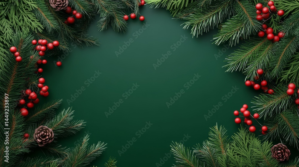 Rustic christmas background with fresh fir branches and vibrant red berries festive Rustic christmas background with fresh fir branches and vibrant red berries festive