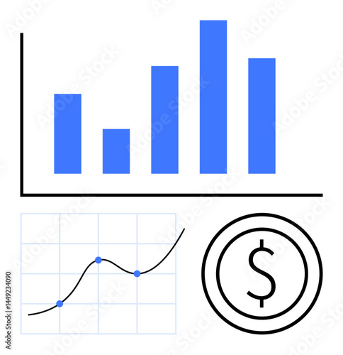 Bar graph with four vertical bars, line graph showing growth trend, and dollar icon. Ideal for finance, analytics, business, investment, performance tracking, economic growth simple landing page