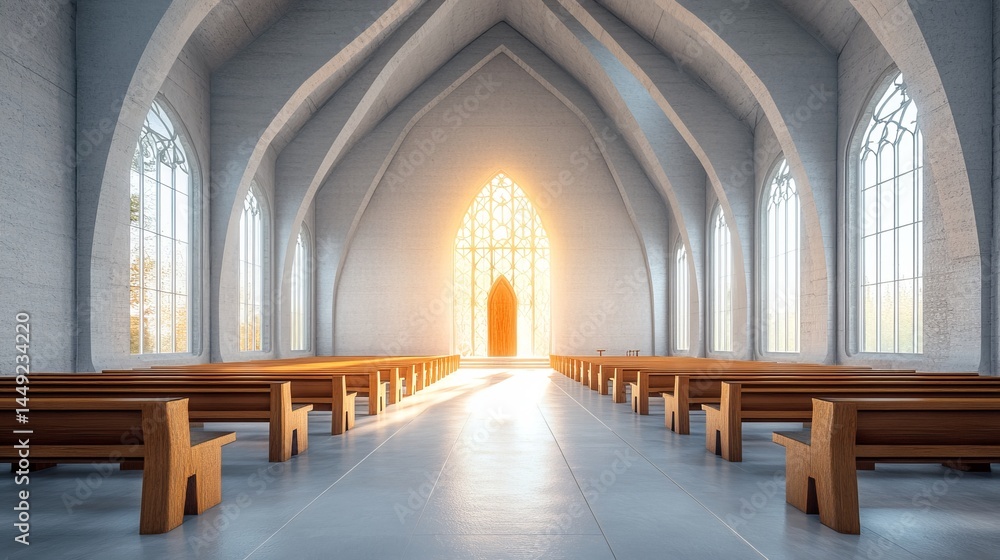 Obraz premium Bright and Spacious Empty Chapel with Wide Entrance and Sunlight