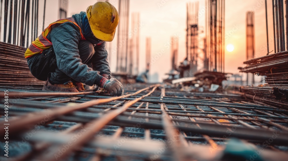 Construction Worker Assembling Reinforcement Bars at Sunset Construction Worker Assembling Reinforcement Bars at Sunset