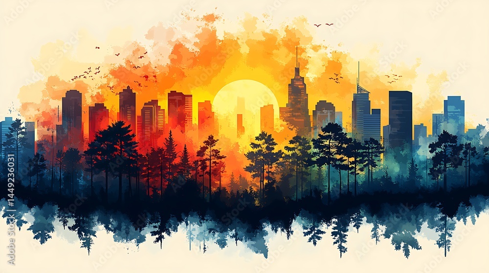 Urban silhouette with vibrant natural landscape Urban silhouette with vibrant natural landscape