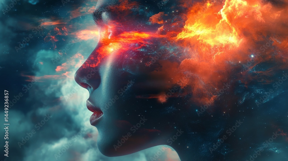 Abstract digital art of a woman's face with flames and smoke. Abstract digital art of a woman's face with flames and smoke.