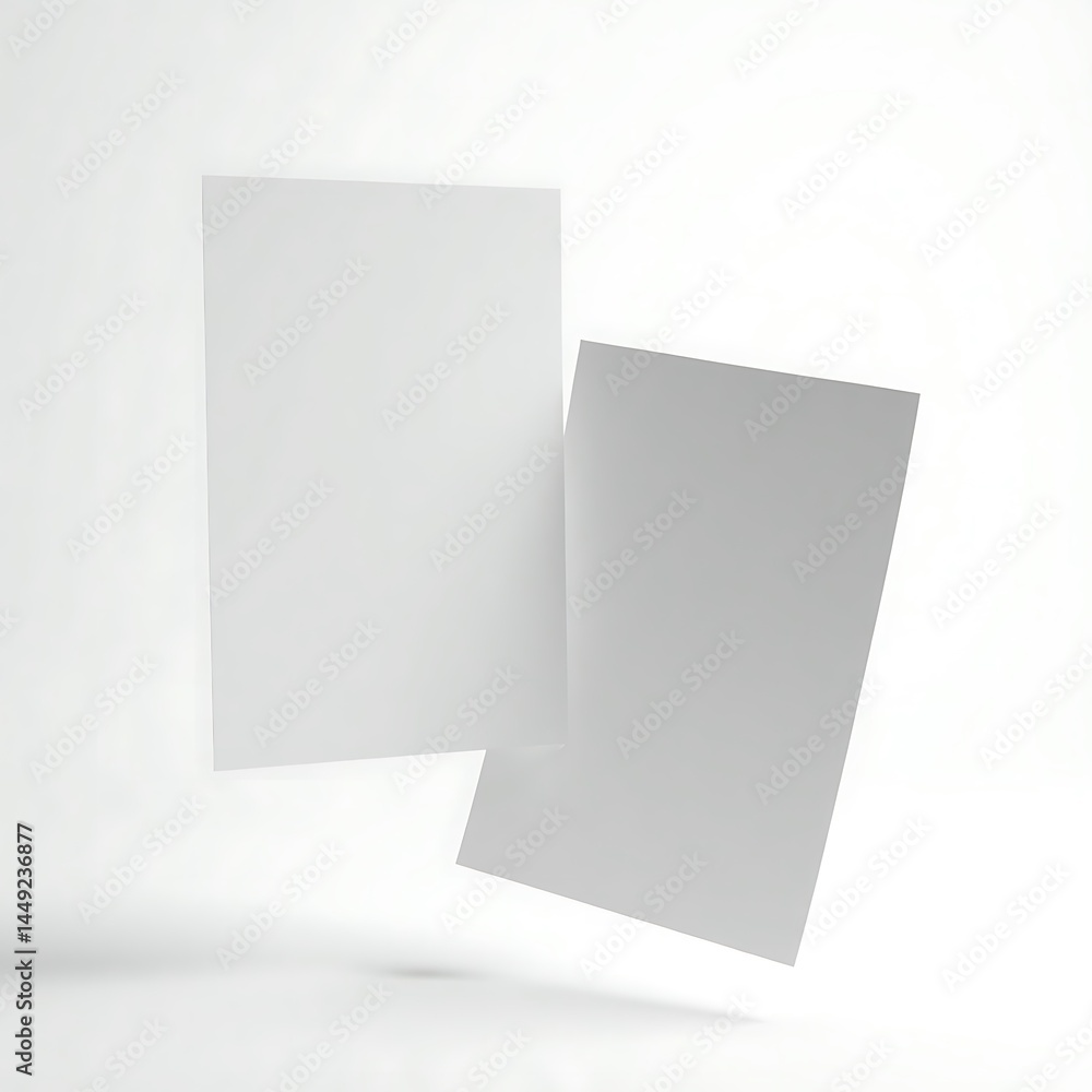 Two A4 flyers mockup floating at different angles in a white studio setup, perfect for showcasing front and back designs Two A4 flyers mockup floating at different angles in a white studio setup, perfect for showcasing front and back designs