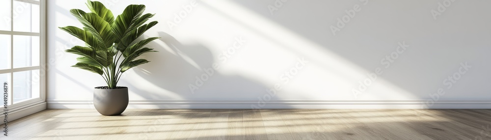 Fototapeta premium Indoor greenery, a potted plant on wooden floor, bringing nature home 