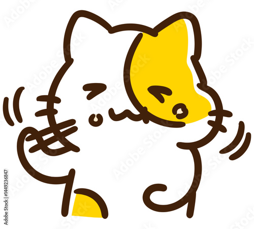 お箸でごはんを食べてお腹をさするかわいいねこのキャラクターの上半身イラスト