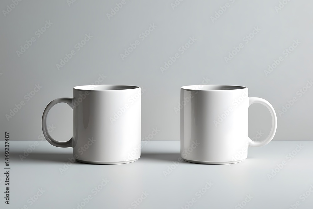 Two Plain White Ceramic Coffee Mugs Mockup, Neutral Background, Studio Product Presentation, Simplicity And Branding Two Plain White Ceramic Coffee Mugs Mockup, Neutral Background, Studio Product Presentation, Simplicity And Branding