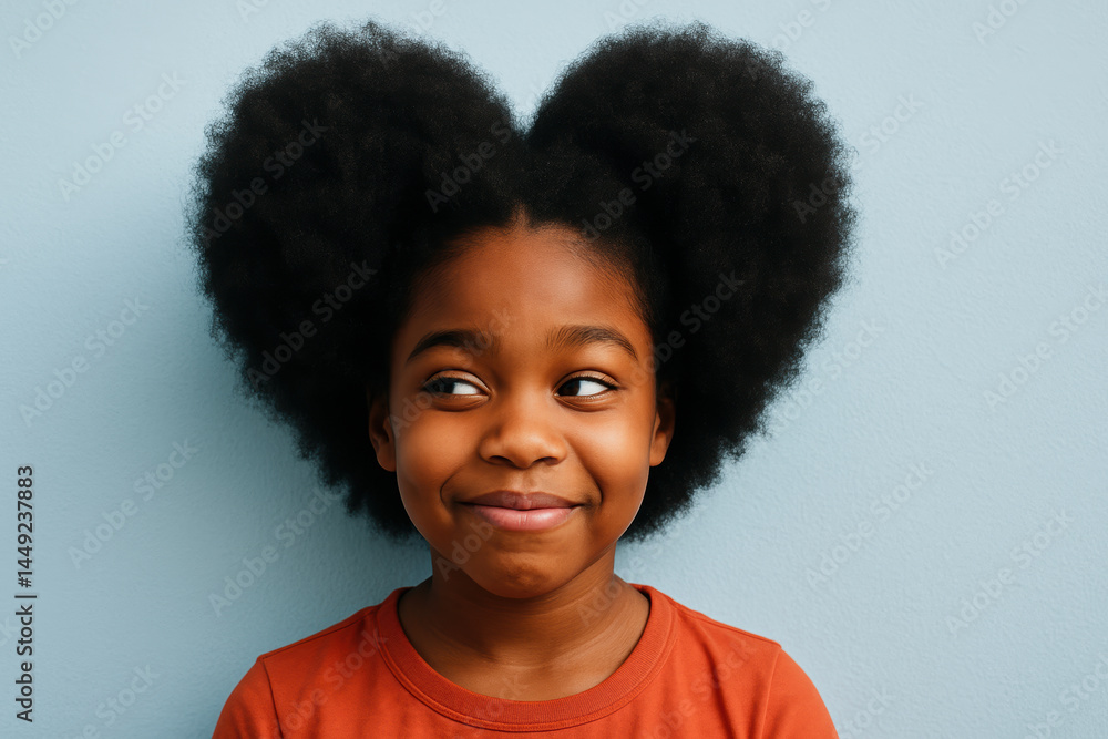 Obraz premium Smiling young girl with heart shaped hairstyle against light blue background