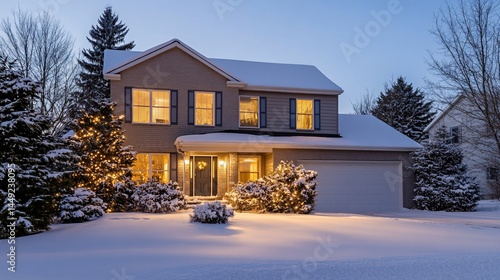 Suburban home illuminated with festive lights in winter snow landscape