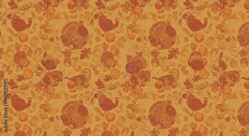 Whimsical Thanksgiving Pattern with Turkeys Pumpkins and Fruits in Warm Tones