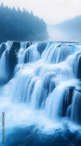Misty waterfall cascading over rocks.  Flowing water, serene nature scene