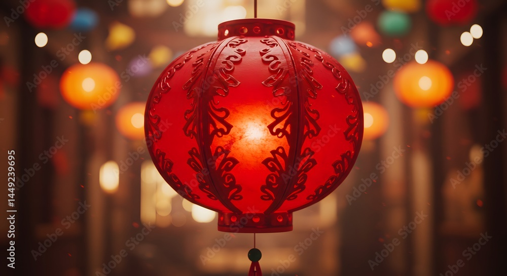 Red Lantern Hanging Decoration with Bokeh Lights Red Lantern Hanging Decoration with Bokeh Lights