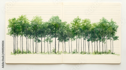 Sketch of a lush green forest drawn on a notebook page  Tall trees stand close together their leaves creating a dense