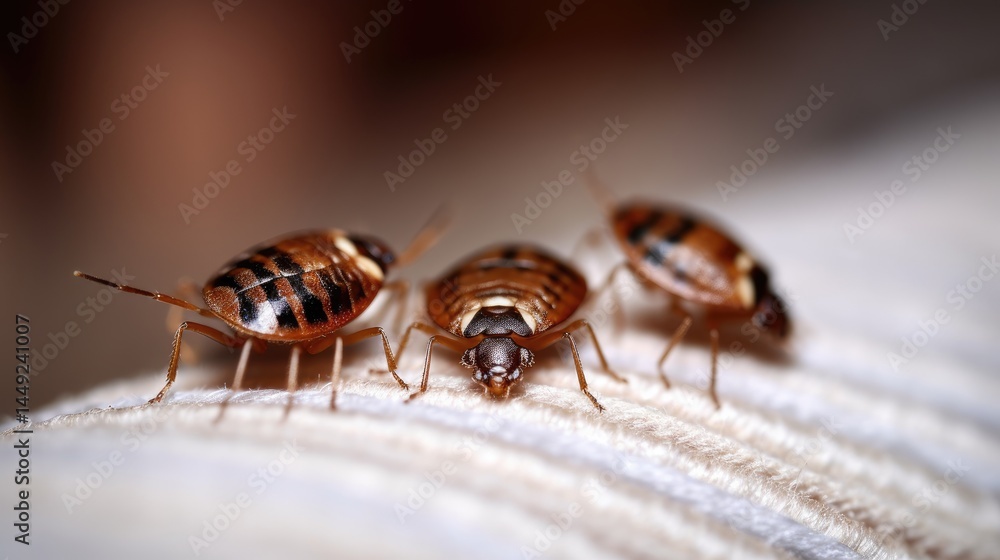 Fototapeta premium Three bedbugs on a white surface