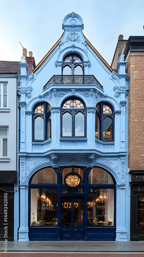 Fototapeta premium A pastel blue building with ornate detailing and large arched windows The ground floor is dark blue with glass doors a