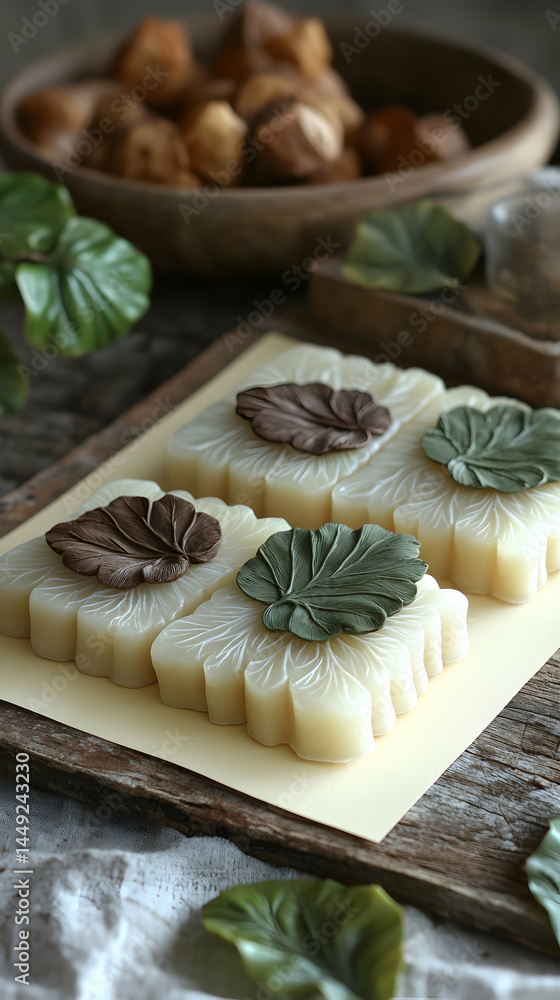 Fototapeta premium Delicate, leaf-shaped decorations adorn light-colored, rectangular cakes on a wooden surface. Mushrooms and greenery enhance the still life