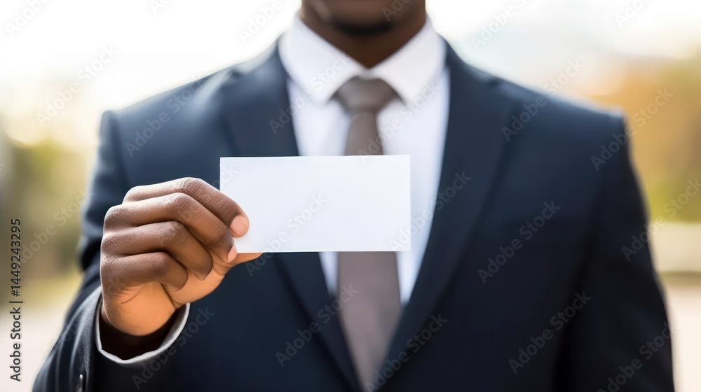 A man in a suit holding a blank business card in front of him. A man in a suit holding a blank business card in front of him.