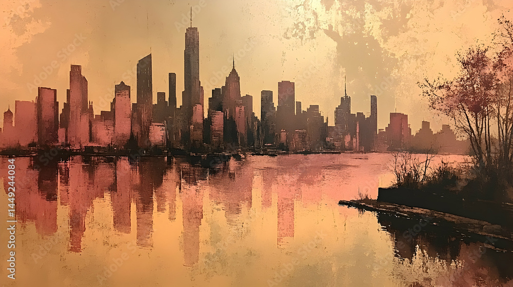 Obraz premium City skyline reflected in calm water at sunset with trees and a dock in the foreground Warm muted color palette
