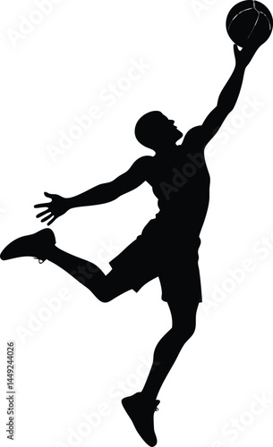 silhouette of a basketball player dunking on white
