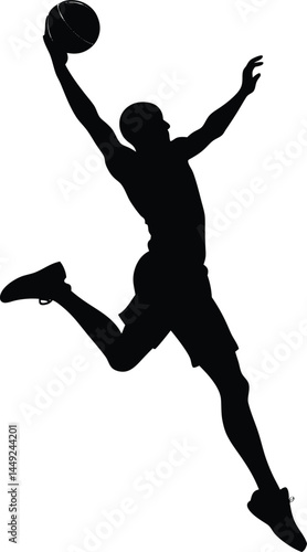 silhouette of a basketball player dunking on white