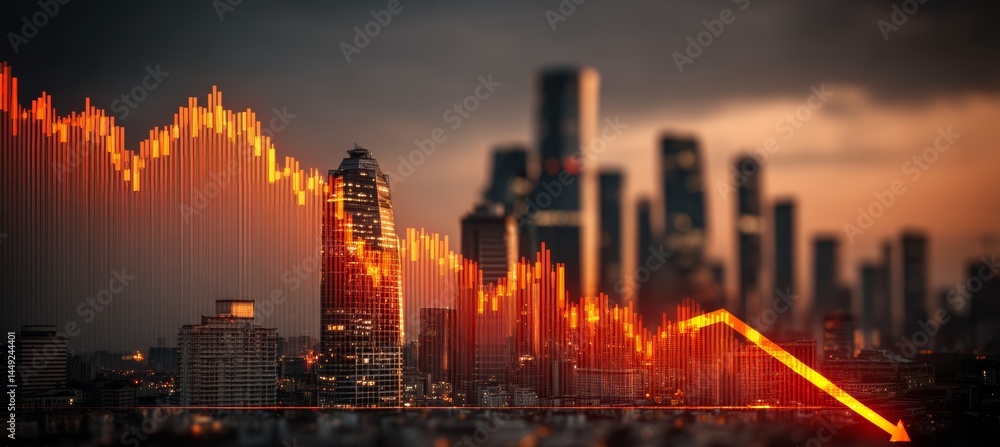 Stock market crash crisis chart with global city background. Finance statistic value trade data. Bankruptcy investment recession. Generative AI technology.