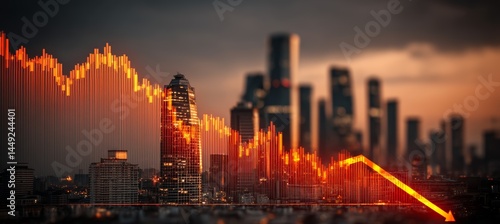 Obraz na płótnie Stock market crash crisis chart with global city background. Finance statistic value trade data. Bankruptcy investment recession. Generative AI technology.
w salonie