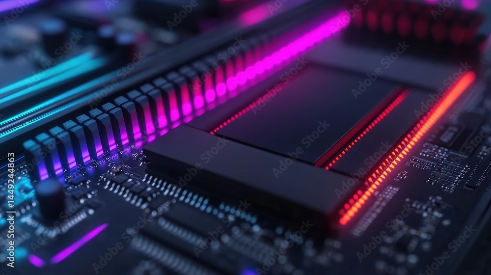 A close-up of a computer motherboard with vibrant LED lighting in purple, pink, and red hues. A close-up of a computer motherboard with vibrant LED lighting in purple, pink, and red hues.