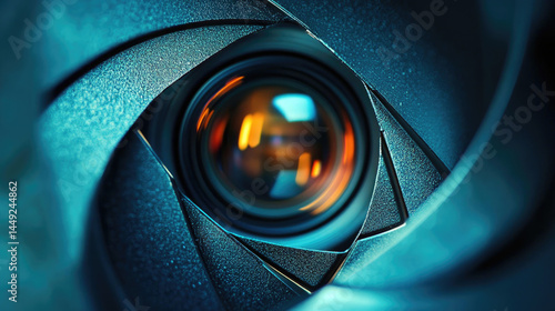 Close-up view of a camera lens, intricate metal, and vibrant lens elements