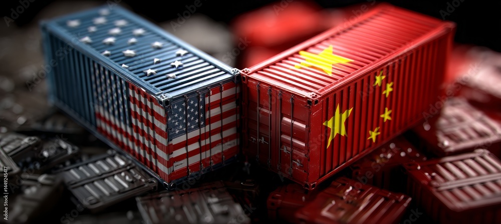 America and China flag paint on container cargo box. Tariff economy war. Import export trading market. Politic diplomacy agreement. Generative AI technology.