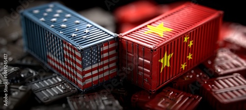 Obraz na płótnie America and China flag paint on container cargo box. Tariff economy war. Import export trading market. Politic diplomacy agreement. Generative AI technology. w salonie