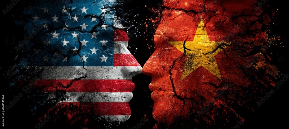 America and Vietnam flag on human face. Tariff war economy. Import export trading market. Politic government diplomacy. Generative AI technology.