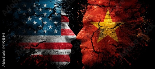 Obraz na płótnie America and Vietnam flag on human face. Tariff war economy. Import export trading market. Politic government diplomacy. Generative AI technology. w salonie