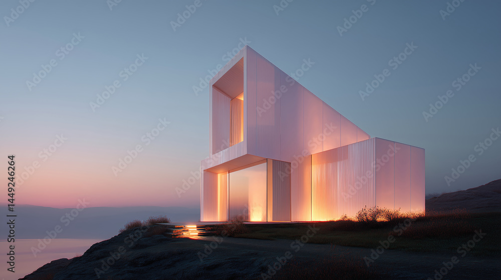 Fototapeta premium Modern minimalist house on a cliff overlooking a serene ocean at sunset. Illuminated, angular white structure, contemporary design