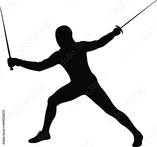 silhouette of a fencer mid thrust on white 