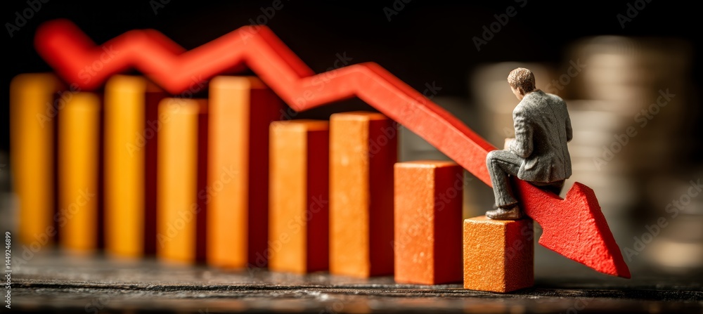 Stock market crash crisis chart and bankrupt businessman. Finance statistic value trade data. Bankruptcy investment recession. Generative AI technology.