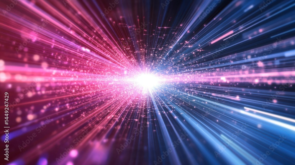 Dynamic light rays bursting through dark space, vibrant pink and blue colors merging, ideal for tech or futuristic themes. Dynamic light rays bursting through dark space, vibrant pink and blue colors merging, ideal for tech or futuristic themes.