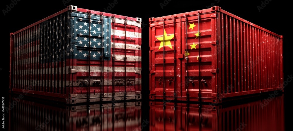 Container cargo with America and China flag on it. Trade economy war. Import export manufacture. Politic agreement. Generative AI technology.