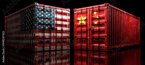 Obraz na płótnie Container cargo with America and China flag on it. Trade economy war. Import export manufacture. Politic agreement. Generative AI technology.
w salonie