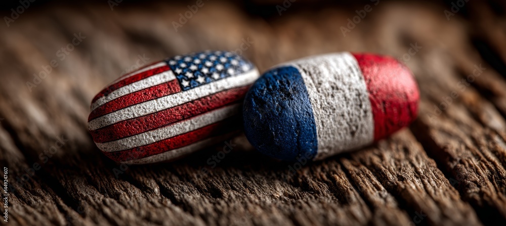 America and France flag pills. Trade economy war. Import export manufacture. Politic agreement. Generative AI technology.