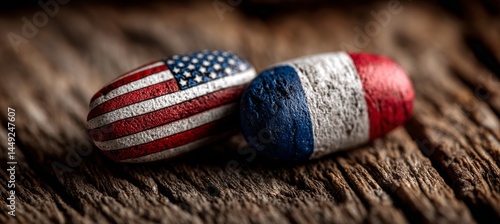 America and France flag pills. Trade economy war. Import export manufacture. Politic agreement. Generative AI technology.	
