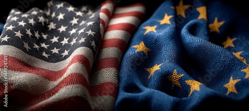 America and EU flag. Trade economy war. Import export manufacture. Politic agreement. Generative AI technology.	
