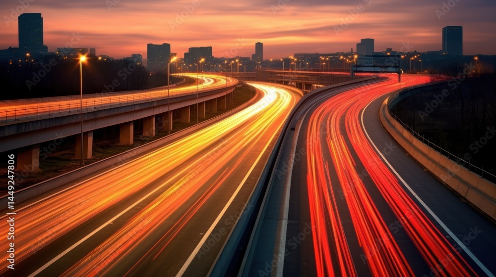 A busy highway at dusk with streaks of light from cars and trucks A busy highway at dusk with streaks of light from cars and trucks
