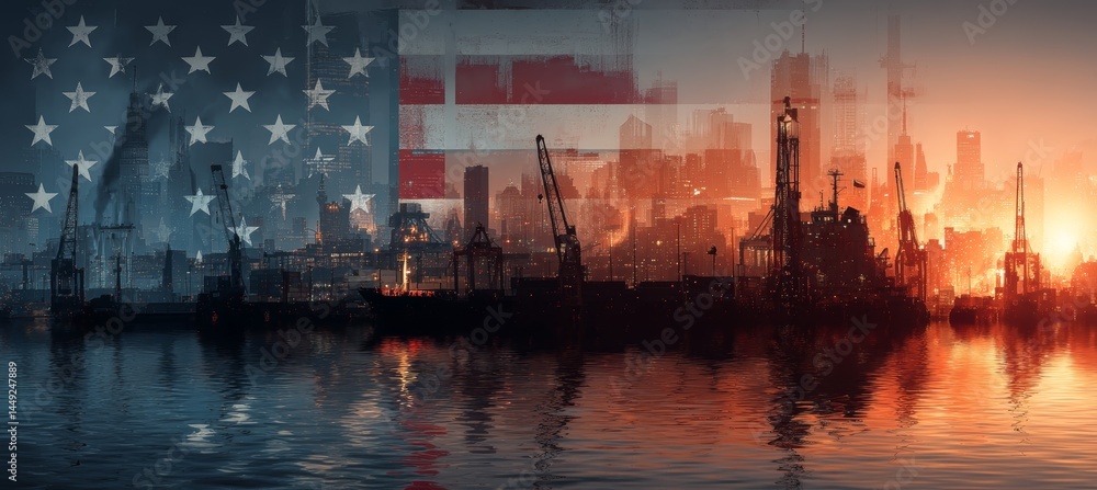 Sunset port with America flag background. Import export market manufacture. Generative AI technology.