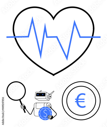 Large heart shape with pulse line, robot holding magnifier, currency coins. Ideal for fintech, healthcare, AI, innovation, data analysis technology economy. Flat simple metaphor