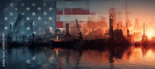 Obraz na płótnie Sunset port with America flag background. Import export market manufacture. Generative AI technology.
w salonie